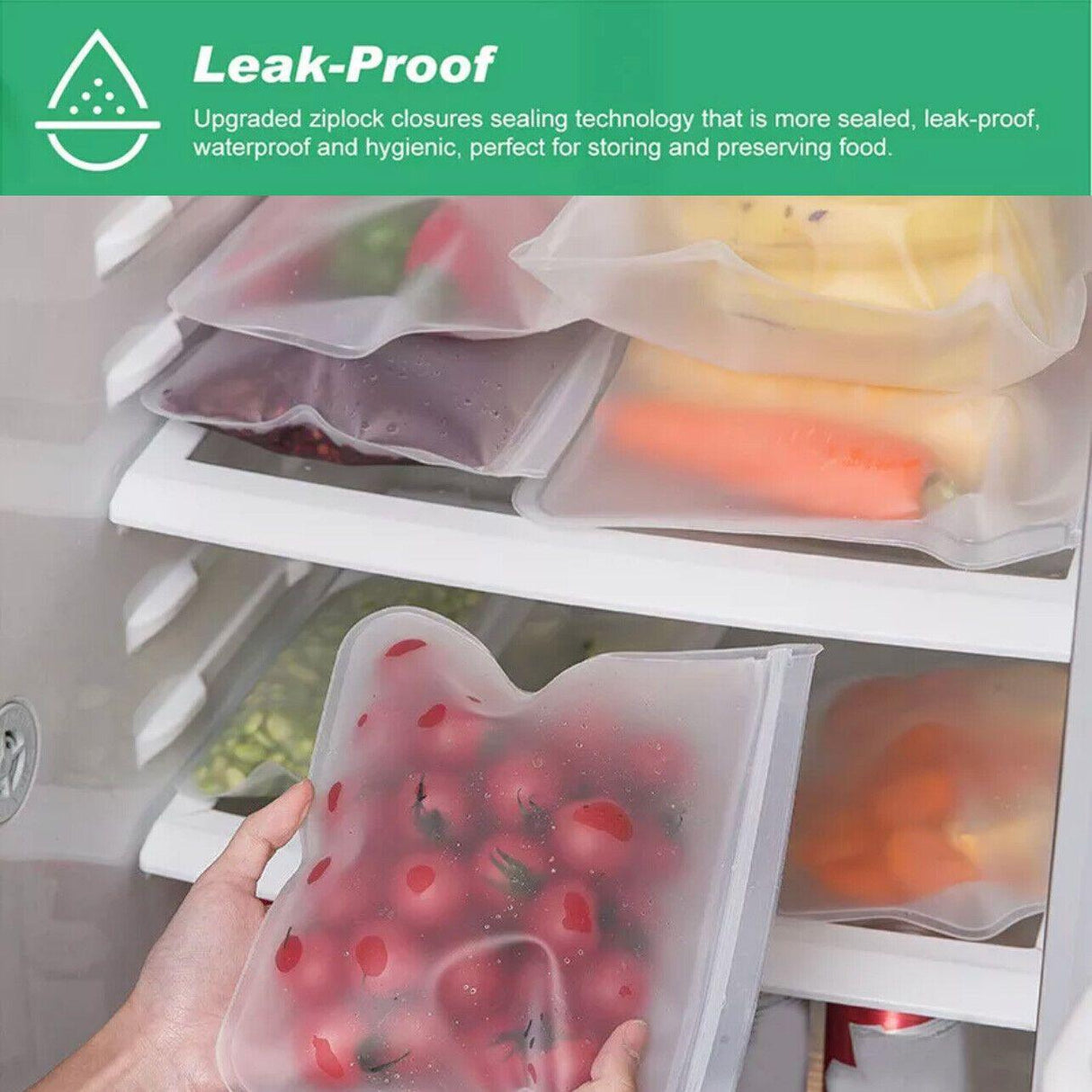 A variety of foods neatly stored in reusable freezer bags, showcasing their durability and versatility