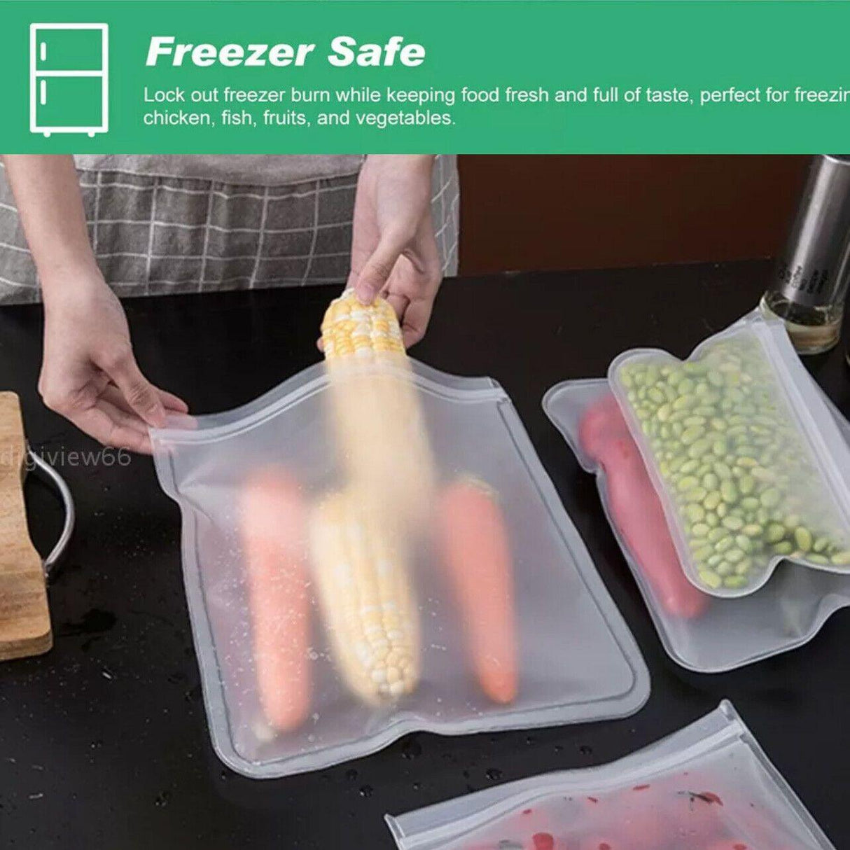 A variety of foods neatly stored in reusable freezer bags, showcasing their durability and versatility