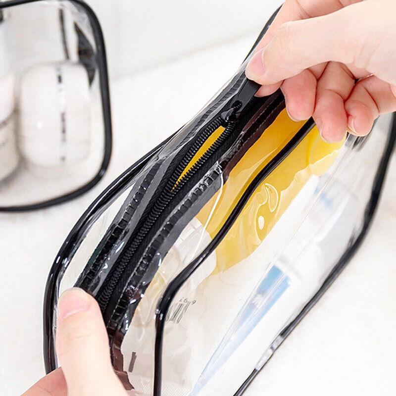 Assorted sizes of transparent toiletry bags in durable PVC