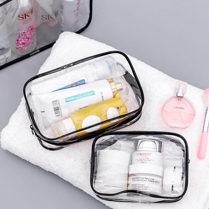 Assorted sizes of transparent toiletry bags in durable PVC