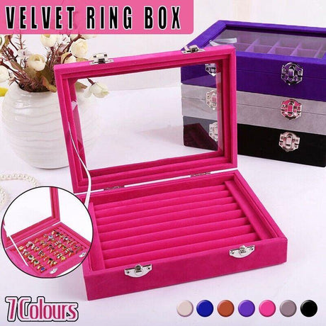 Elegant ring display box with clear glass lid and velvet interior