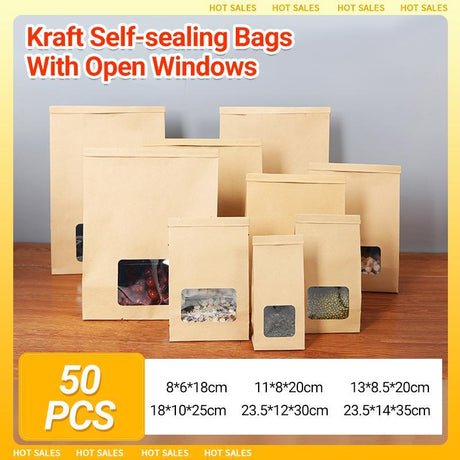 Durable kraft bags with window for versatile packaging.