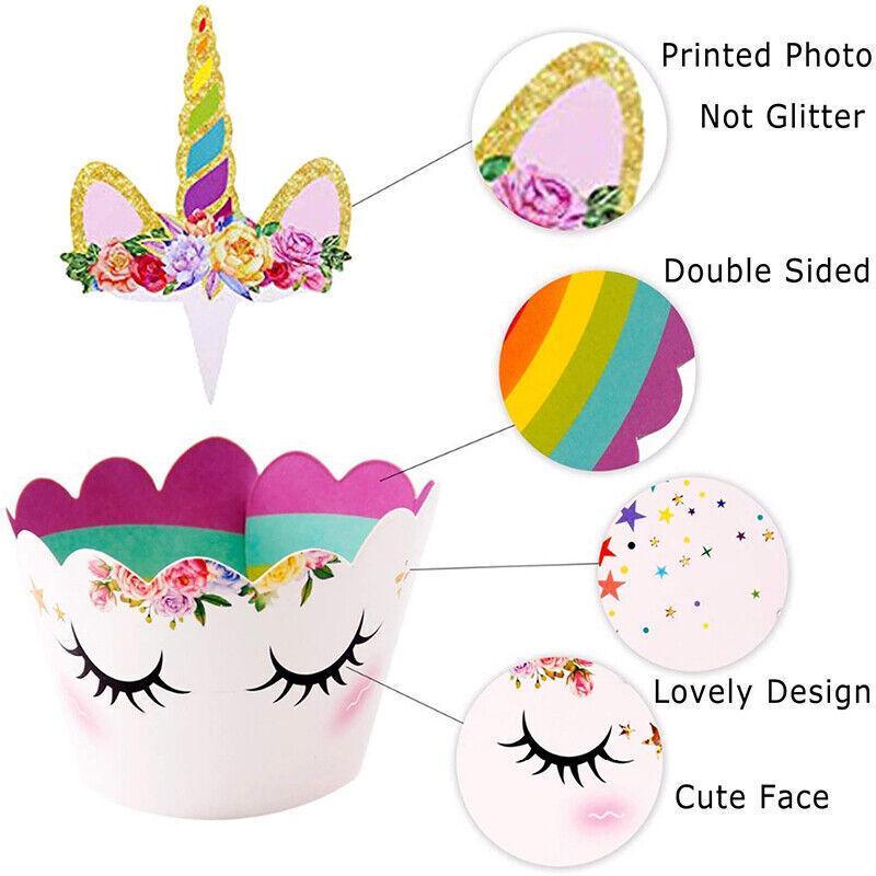 Unicorn Cupcake Decoration 24PCS Wrappers+Toppers Double Sided - Discount Packaging Warehouse