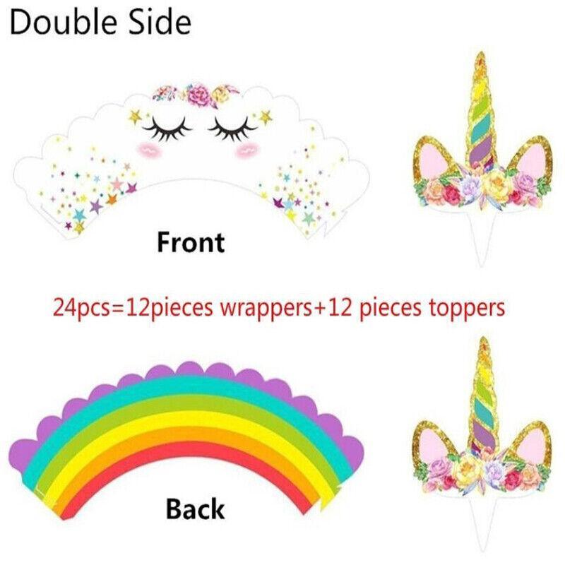 Unicorn Cupcake Decoration 24PCS Wrappers+Toppers Double Sided - Discount Packaging Warehouse